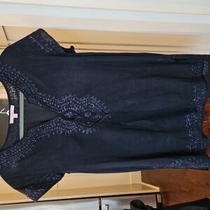 Navy cotton luxury resort v neck short sleeve top Calypso St Barth